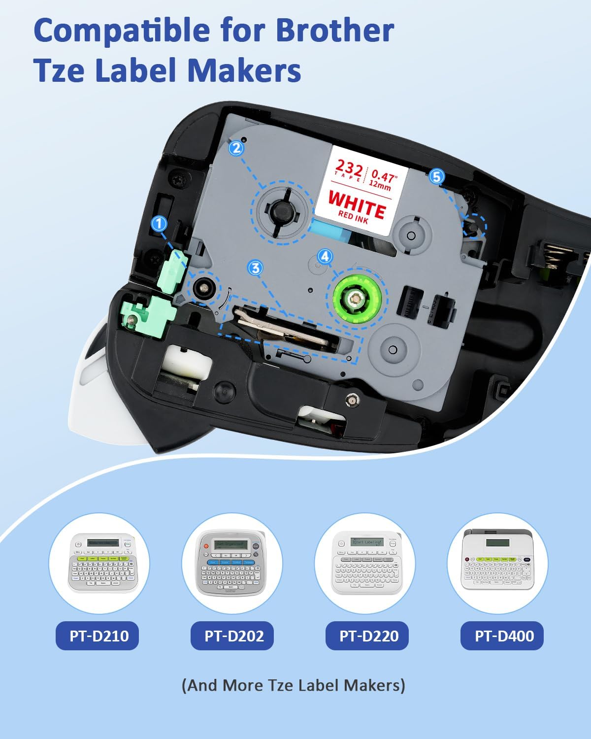 Tze 12mm Tz-232 Red on White Label Maker Tape Compatible for Brother Tze-232 Laminated for Indoor or Outdoor Use Work for for Ptouch Ptouch PTD200 PTD202 PTD210 PTD600 PTD400 PTH100 PTH110 PT1280