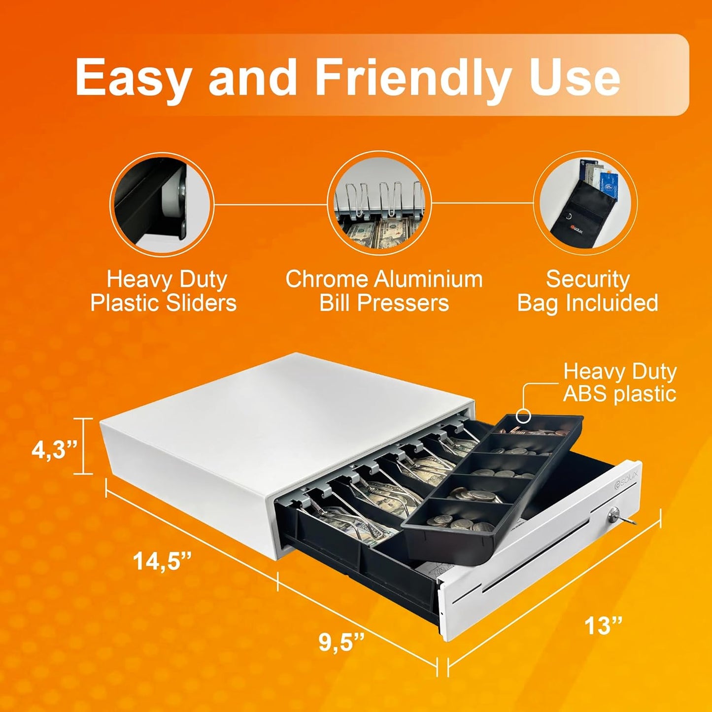 SOLUX 13" Cash Drawer - Cash Registers - Cash Register Drawer for POS - Square Cash Drawer for Small Businesses - Removable Coin Tray - 24V, RJ11/RJ12-Key Lock 4 Bill - 5 Coin, White