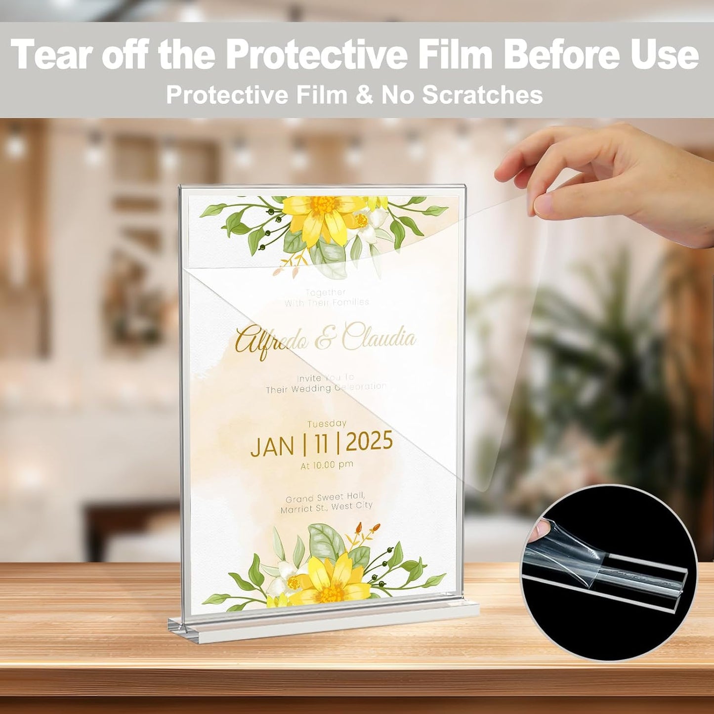 EHWINE 8 Pack Acrylic Sign Holder 8.5 x 11, Double-Sided Tabletop Silver Sign Holder, Clear Acrylic Picture Frame Menu Flyer Paper Holder Display Stand for Home Wedding Party (with Non-Slip Pads)