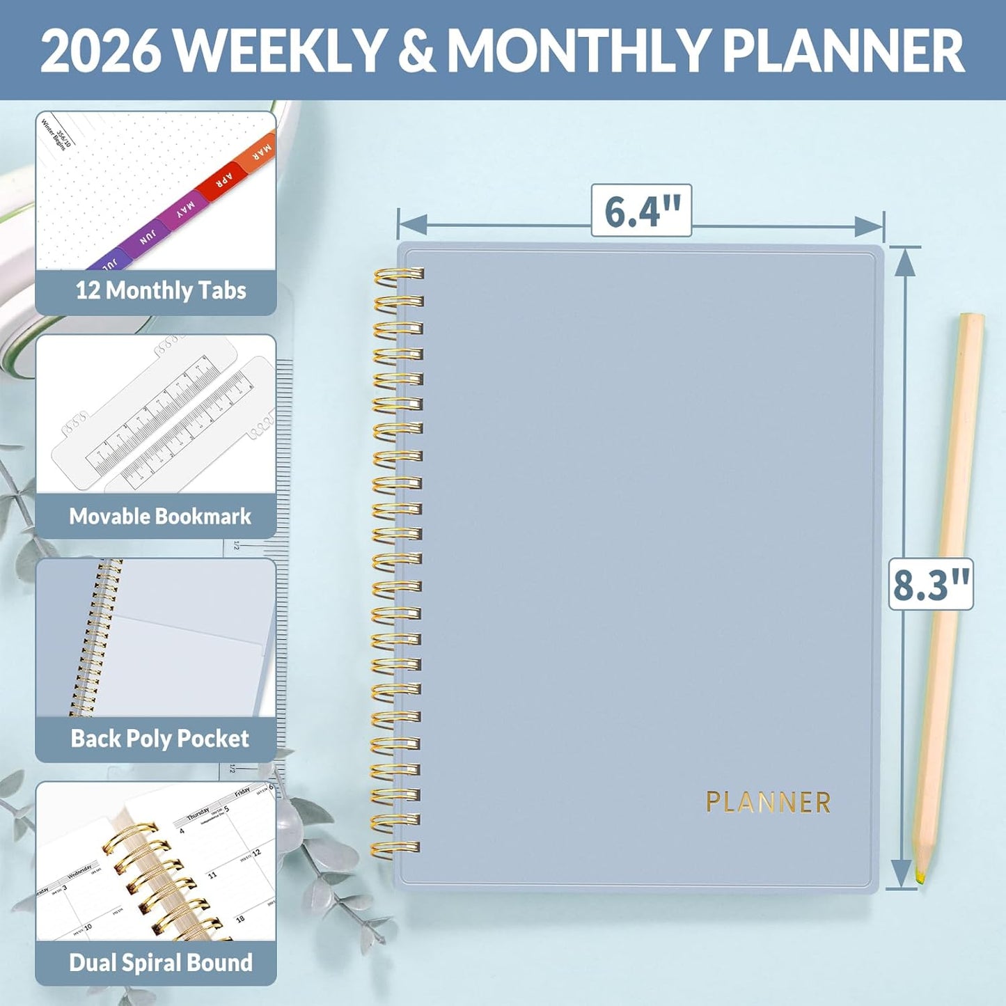 SUNEE 2026 Weekly and Monthly Planner - from January 2026 - December 2026, 6.4" x 8.3" Daily Agenda Planner with Monthly Tab, Flexible Cover, Note Pages, Pockets, Bookmark, Spiral Binding, Gray Blue