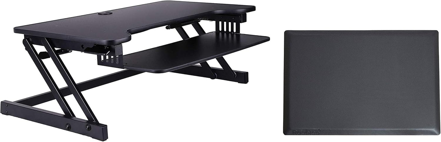 Rocelco 37.5" Deluxe Height Adjustable Standing Desk Converter with Anti Fatigue Mat BUNDLE - Quick Sit Stand Up Computer Workstation Riser - Large Retractable Keyboard Tray - Black (R DADRB-MAFM)