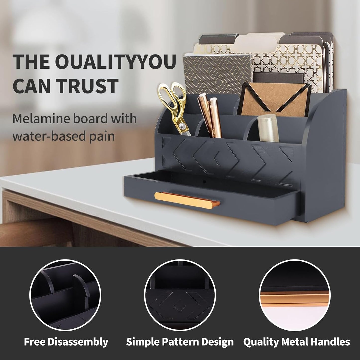 Wooden Desk Organizer Mail Organizer Countertop, Desktop Organizer Mail Sorter Mail Holder Bill Organizer for Desk, Desk Organizers and Accessories for Women (Black)