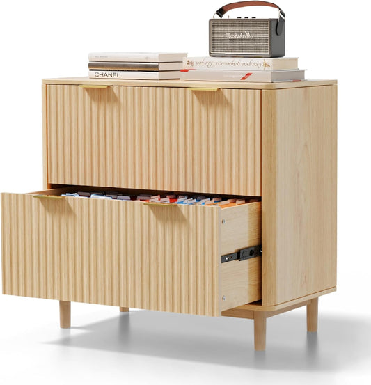 VINGLI 2 Drawer File Cabinet, Home Office Filing Organizer, for Letter Legal A4 Size File Folder Storage, Modern Style Fluted Design, Wood Lateral Filing Cabinet, Printer Stand, Archivador (Oak)