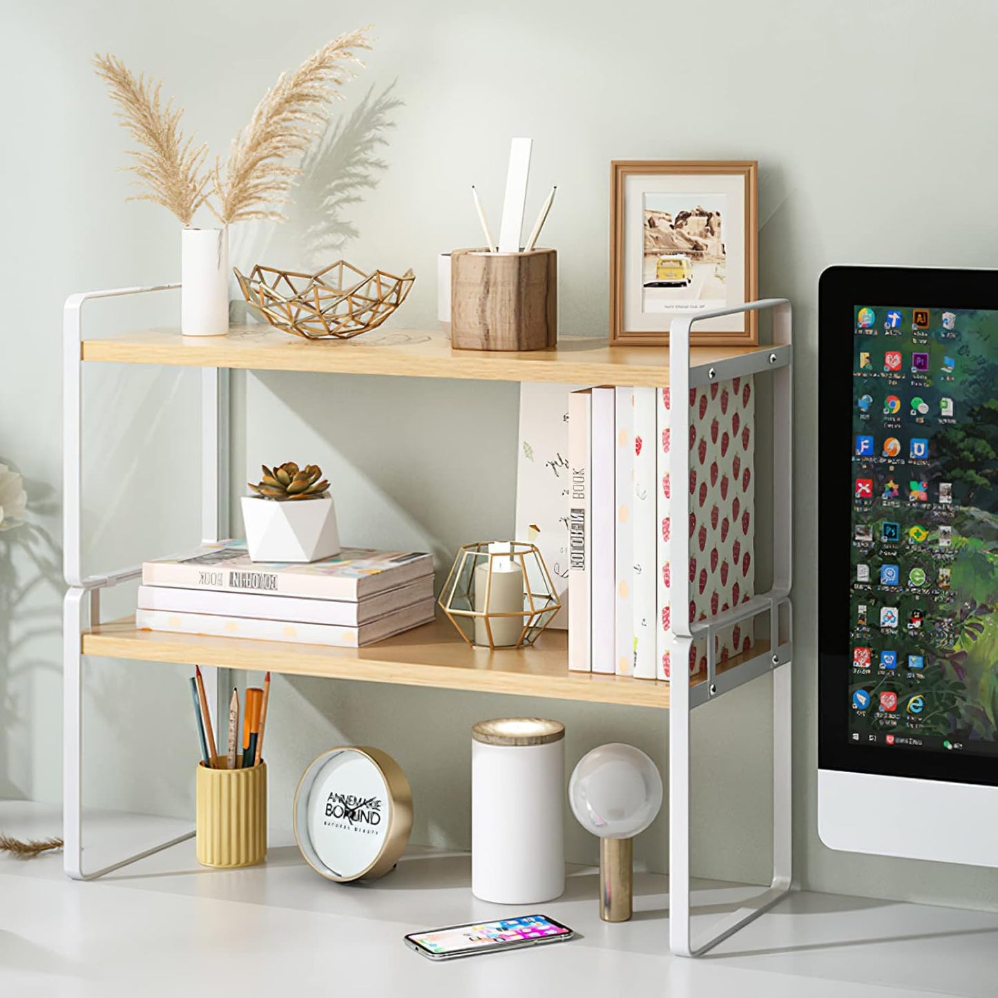 YGYQZ Wood Office Desk Shelf Organizer - Desktop Supplies Cute Dresser Top Organization Storage Rack and Cubicle Decor Aesthetic Bookshelf for Women Man and Kids (White-Two Tier)