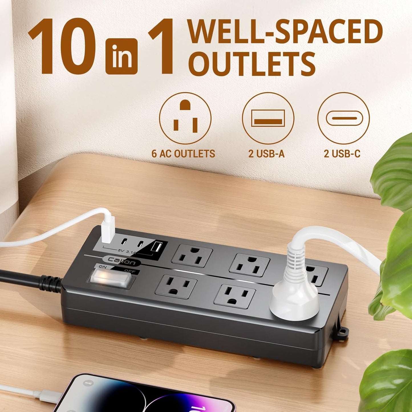 Outdoor Power Strip Weatherproof,Patio Waterproof Surge Protector with 4 USB Ports and 6 Outlets, 10 FT Extension Cord with Flat Plug,Shockproof Overload Protection,Mountable for Home Office Porch