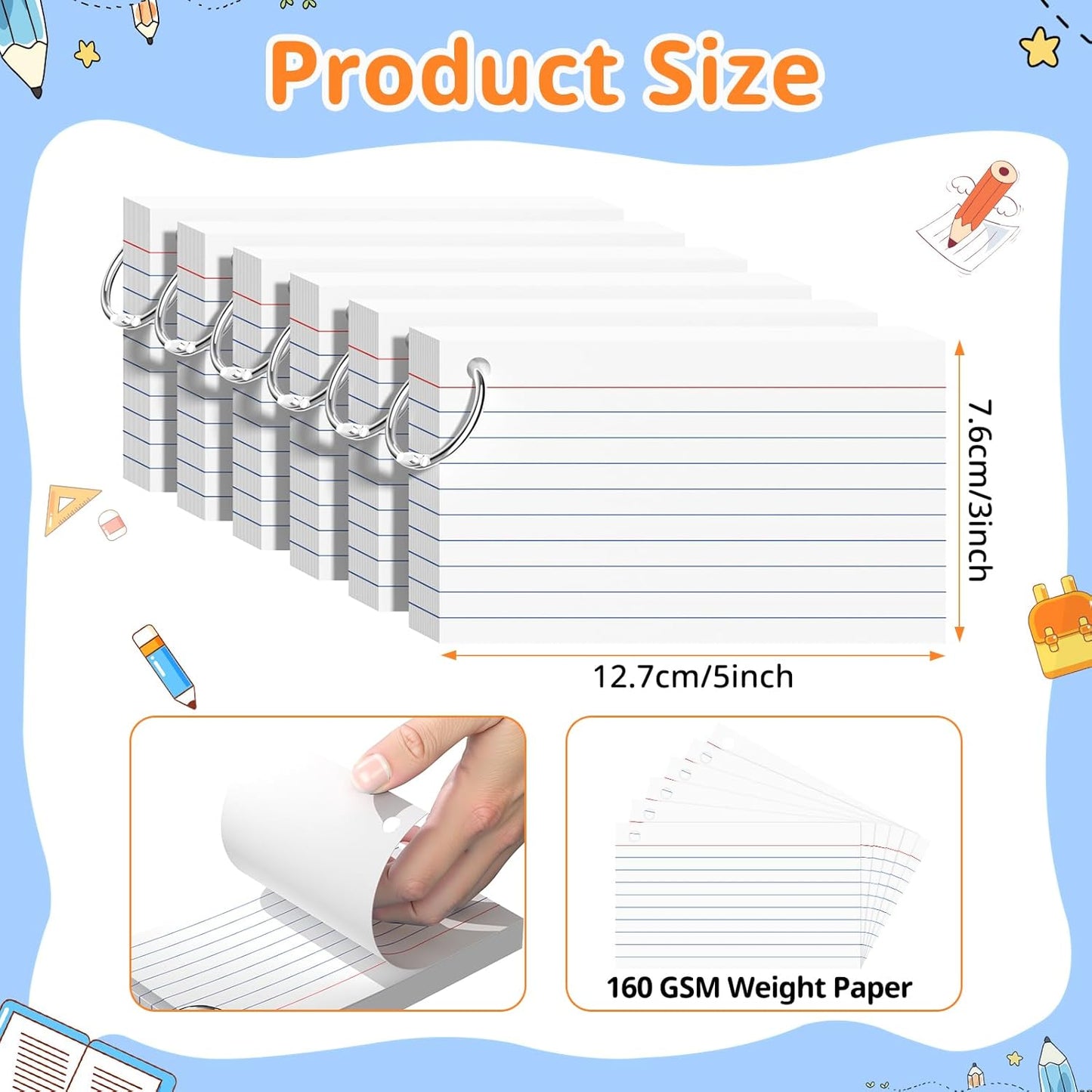 Index Cards 3x5 Inches, 300 PCS, White Flash Cards With Ring, Punched Lined Study Card Ruled Flashcards Notecards, Ruled Front And Blank Back, Note Card for School, College And Home