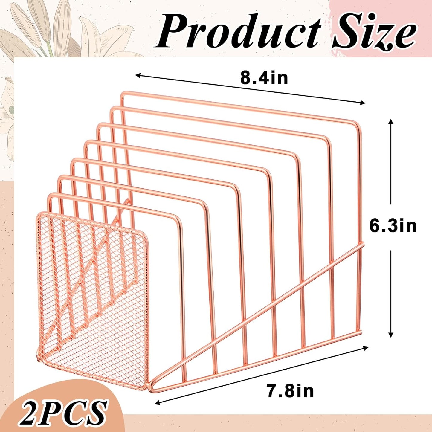 2 Pcs 7 Slot Incline File Sorter Metal Wire Mesh File Racks for Desktop Letter Sorter for Magazine Folder Book Organizer Home Office School Paper Mail Desk Storage Holder (Rose Gold)
