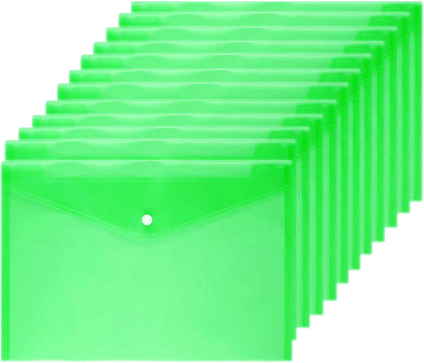 Poly Envelope 12 Pcs Document Envelopes with Snap Button Quality Clear Document Folder for A4 Size (Green)