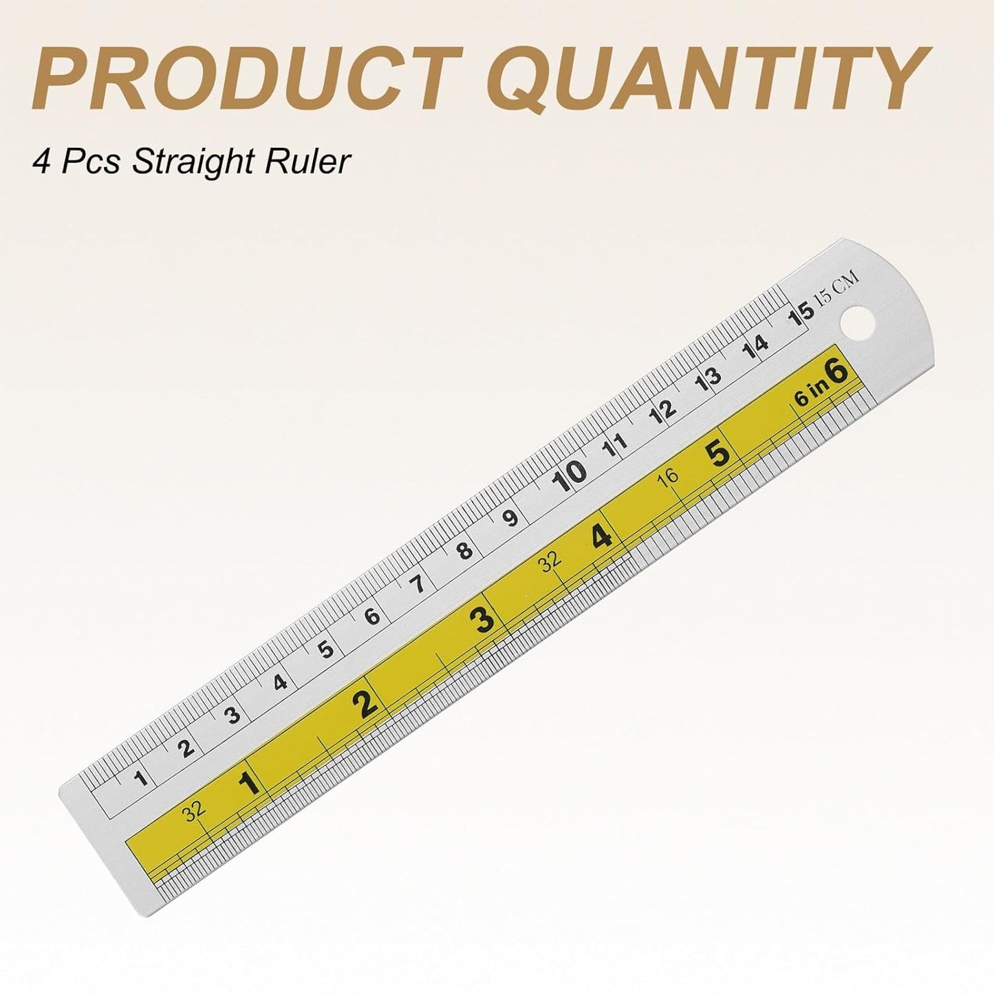 HARFINGTON 4pcs Metal Straight Ruler 15cm Metric SAE Aluminum Alloy Measuring Rulers Scale Tool with Hole for Measure Study Reading Classroom Office, Yellow