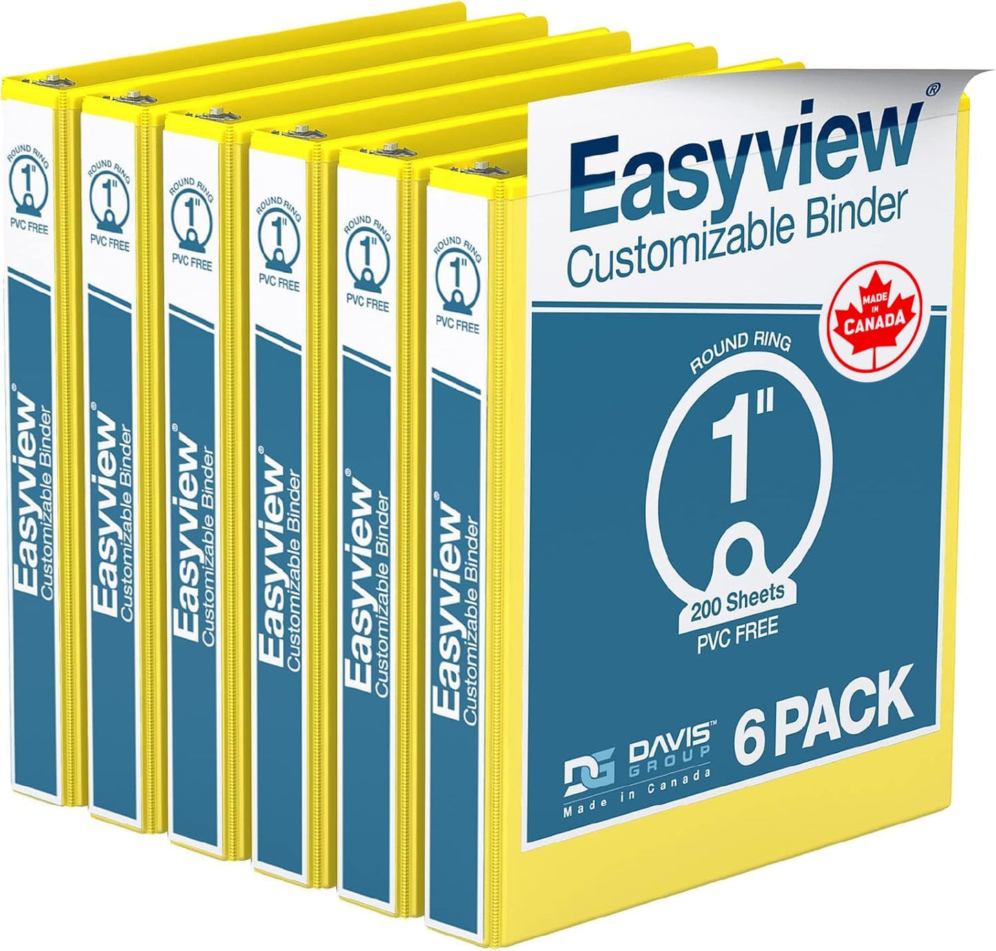 Easyview Premium 3-Ring Binders with Clear-View Covers and Round Rings, Binders for School or Office, 1 Inch, Pack of 6, Yellow