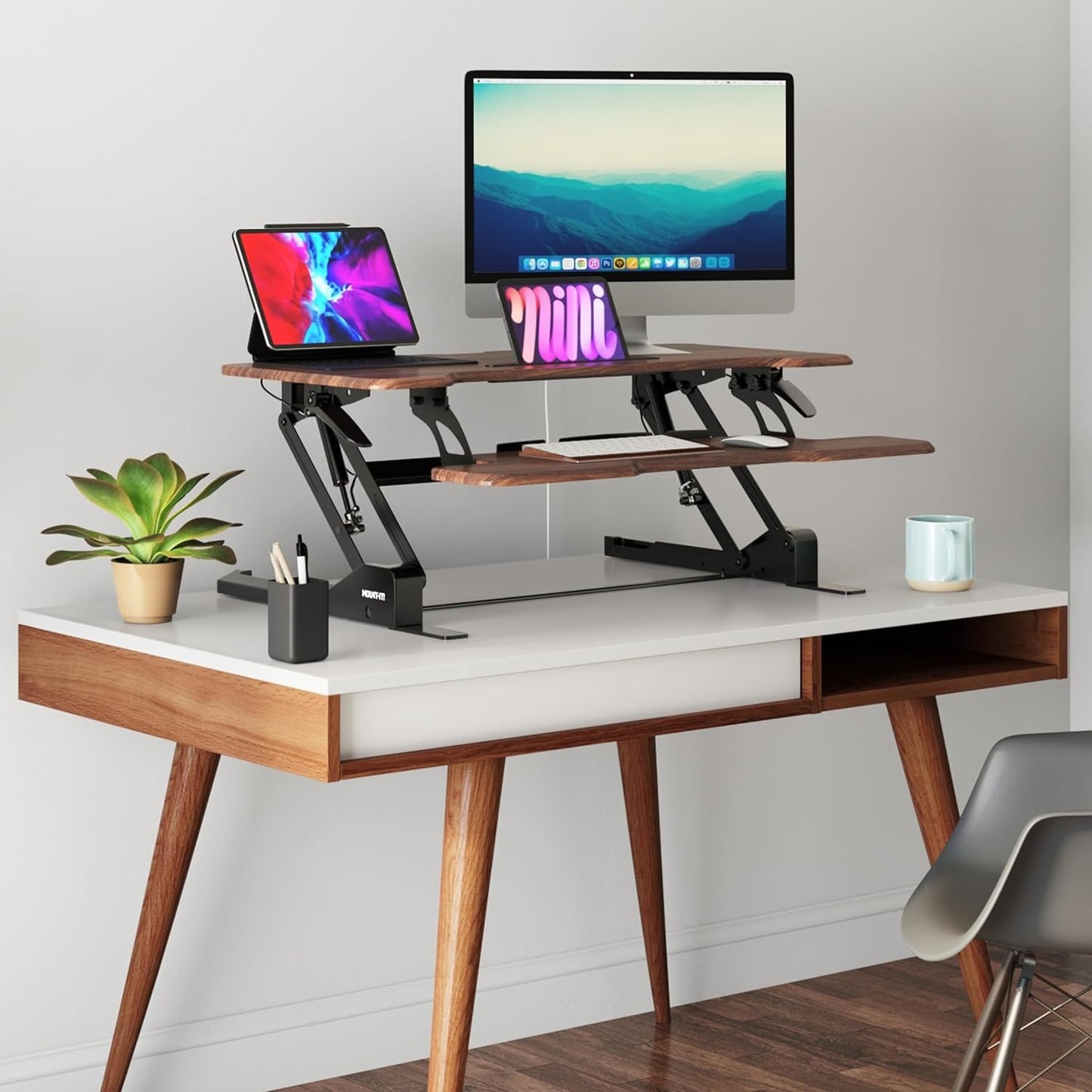 Mount-It! 38 Inch Standing Desk Converter, Sit Stand Desk Riser for Dual Monitors with Keyboard Tray, Height Adjustable Desktop Workstation, Easy Lift Gas Spring, Rustic Walnut Brown