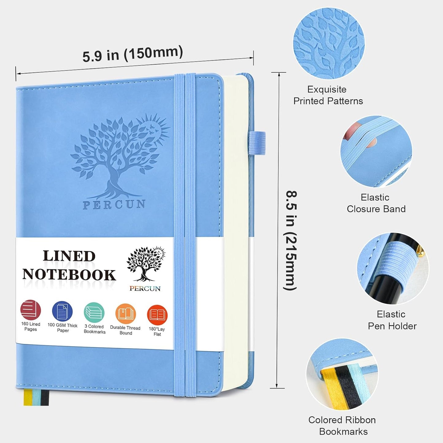 Lined Journal Notebook for Men & Women, 160 Pages College Ruled Journal for Writing, A5 Hardcover Leather Notebooks for Work, School, Business, Travel, Daily Diary 5.9" x 8.5" - Blue