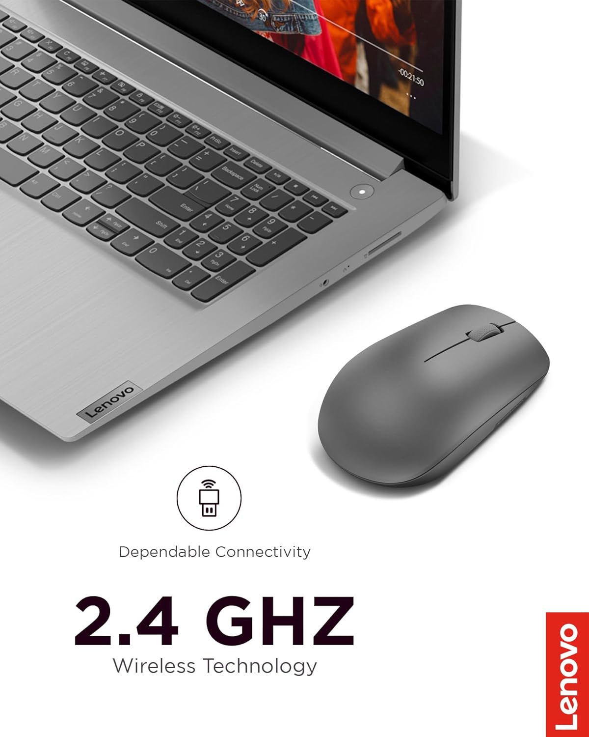 Lenovo 530 Full Size Wireless Computer Mouse for PC, Laptop, Computer with Windows - 2.4 GHz Nano USB Receiver - Ambidextrous Design - 12 Months Battery Life - Graphite Grey