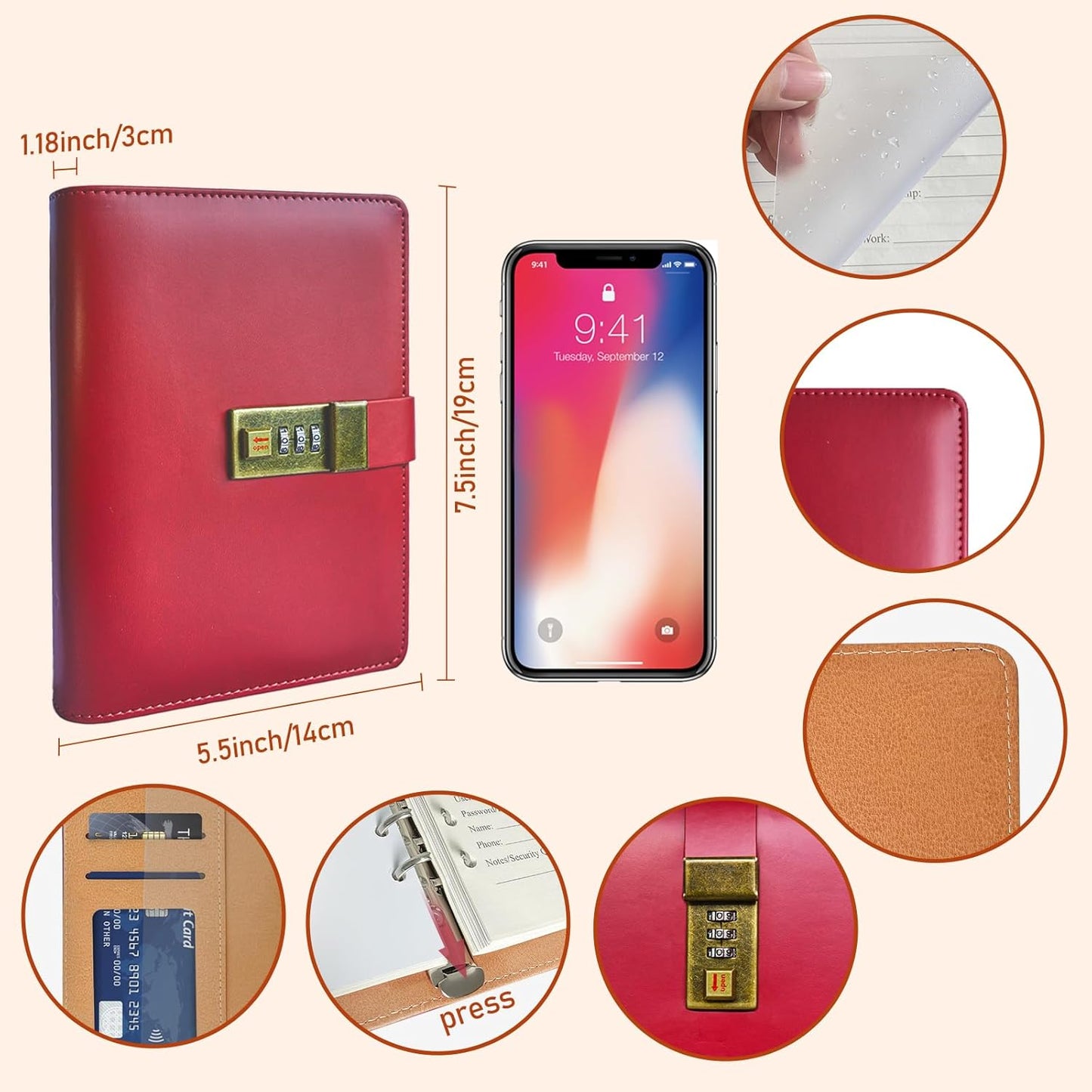 BTSFTOGET Small Password Book with Alphabetical tabs. 316 Pages Lockable Password Keeper Journal Notebook for Computer & Website Logins, RED Leatherette Hardcover, 7.5in x 5.5in