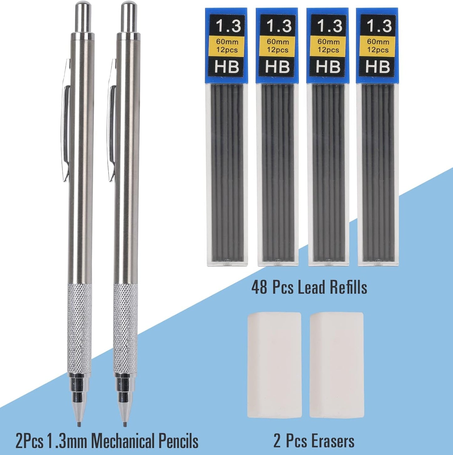 1.3 mm Mechanical Pencil Set with 4 Tubes Lead Refills,2 Eraser,1.3mm Mechanical Pencils,Metal Drafting Pencil, Lead Holder,Drawing Mechanical Pencils,Carpenter Pencils for Marking, Sketching