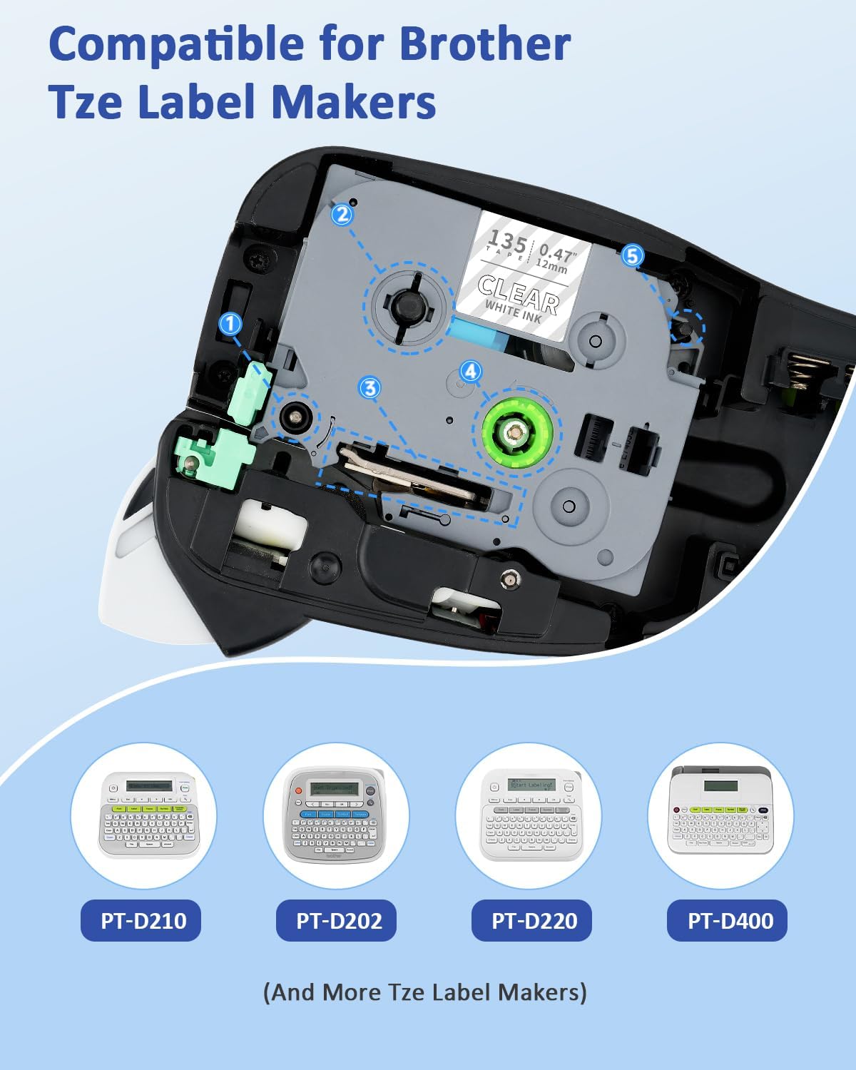 Tze135 Tze 12mm 0.47 Laminated White on Clear Label Maker Tape Compatible for Brother Tze-135 Tz-135 Tz 1/2 Refill Work for Ptouch PT-D210 PT-D220 PT-H110 PT-D400 PT-D600, White on Clear, 4 Pack