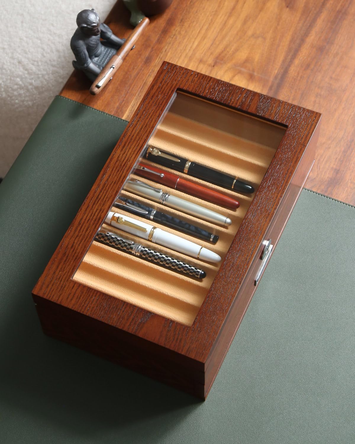 Pen Display With 24 Slots, Wood Storage Organizer, Glass Window Box for Men Gift (Brown Ash Veneer Finish, Camel Velvet)