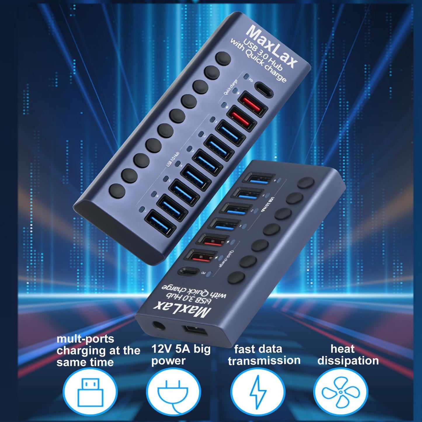 MaxLax Aluminum 7 Ports USB 3.0 hub with Charging Function, 36W (12V/3A) Power Adapter,Individual Power swiches