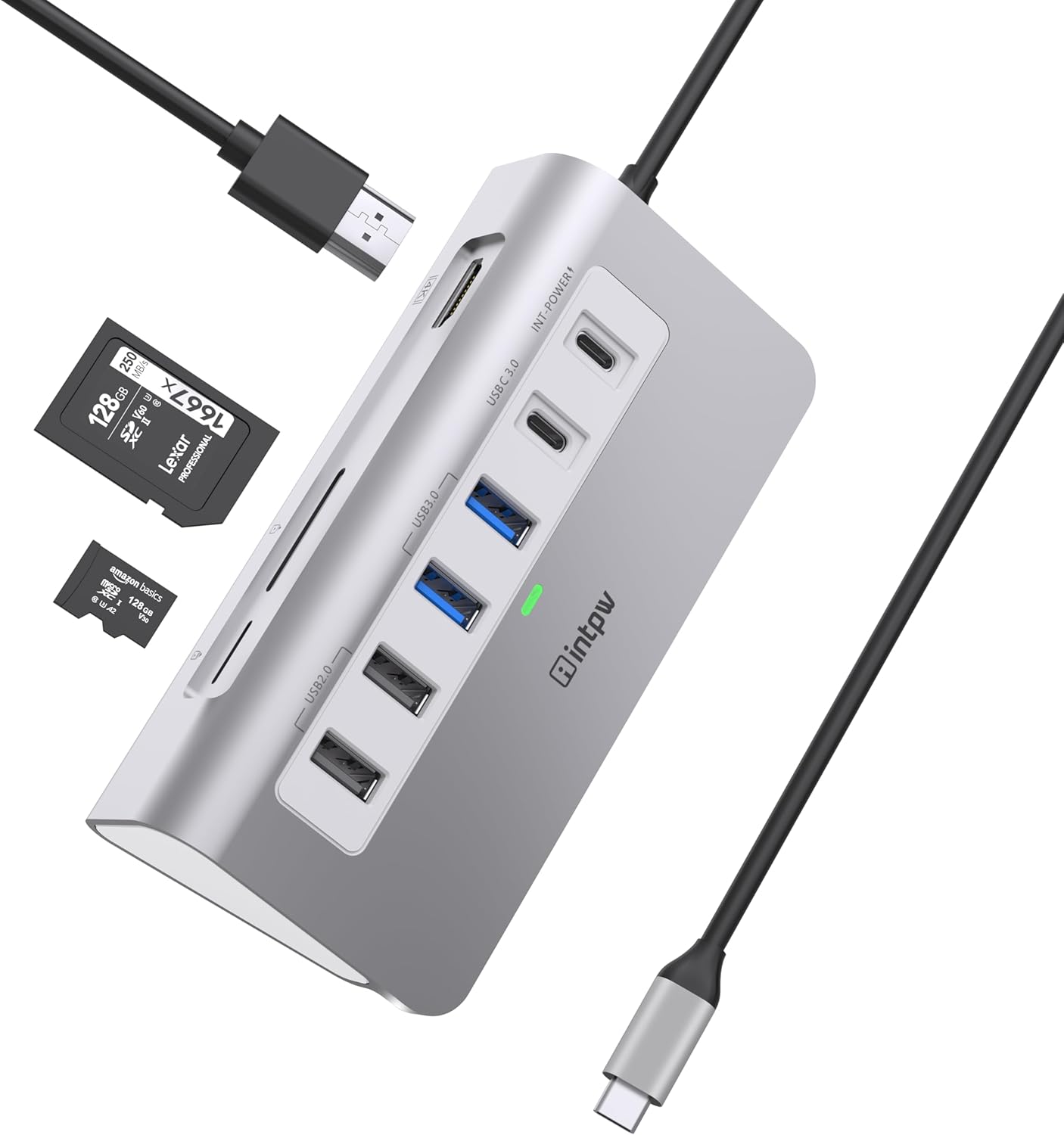 USB C Hub, intpw 9-in-1 USB Hub for Laptop with 4K HDMI, PD 100W, USB-C and 2 USB A 3.0 5Gbps, 2 USB A 2.0, SD/TF Card Reader, Aluminum USB Hub for PC, iPhone, MacBook, iPad