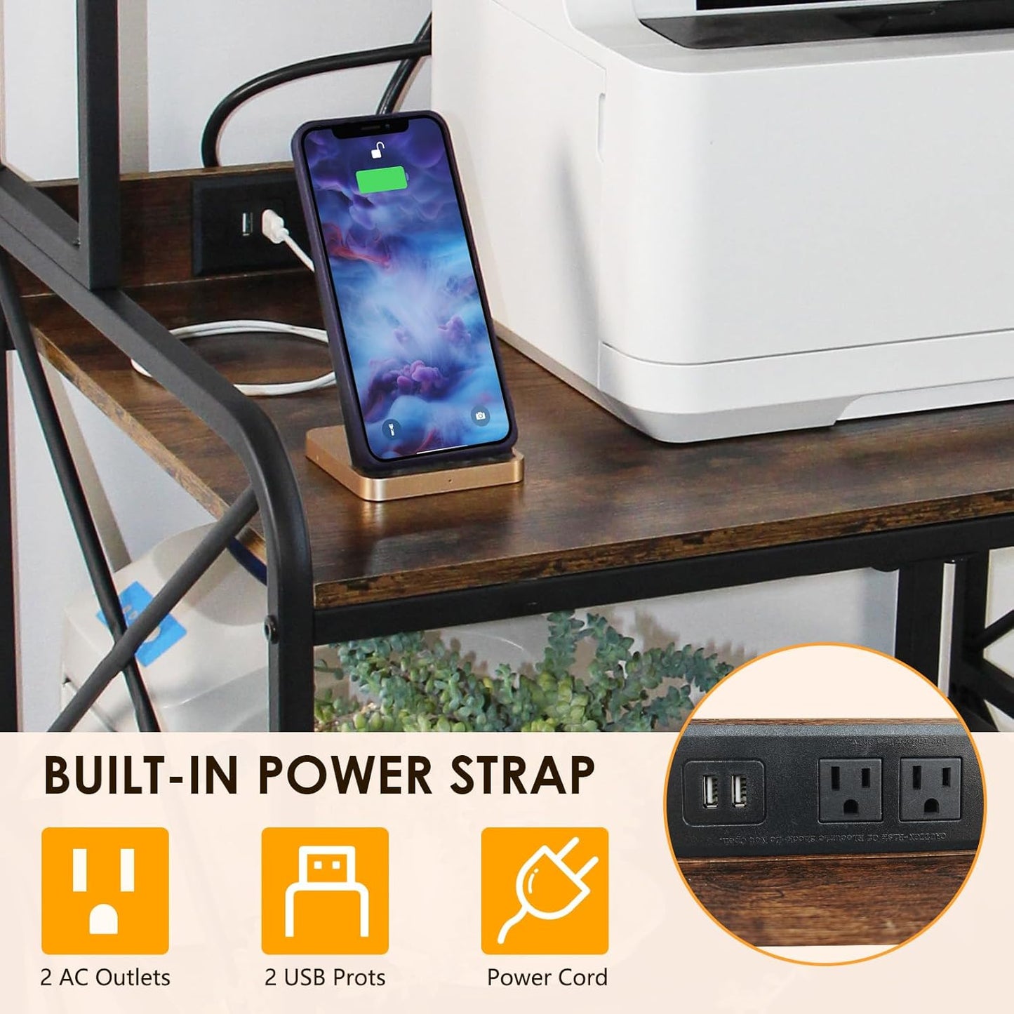 Printer Stand, Large Printer Stand with Storage, 23 x 18 Inch Printer Table for Home Office, 4 Tier Home Printer Cart with Wheels & Socket, Computer Tower Stand, Vintage Brown