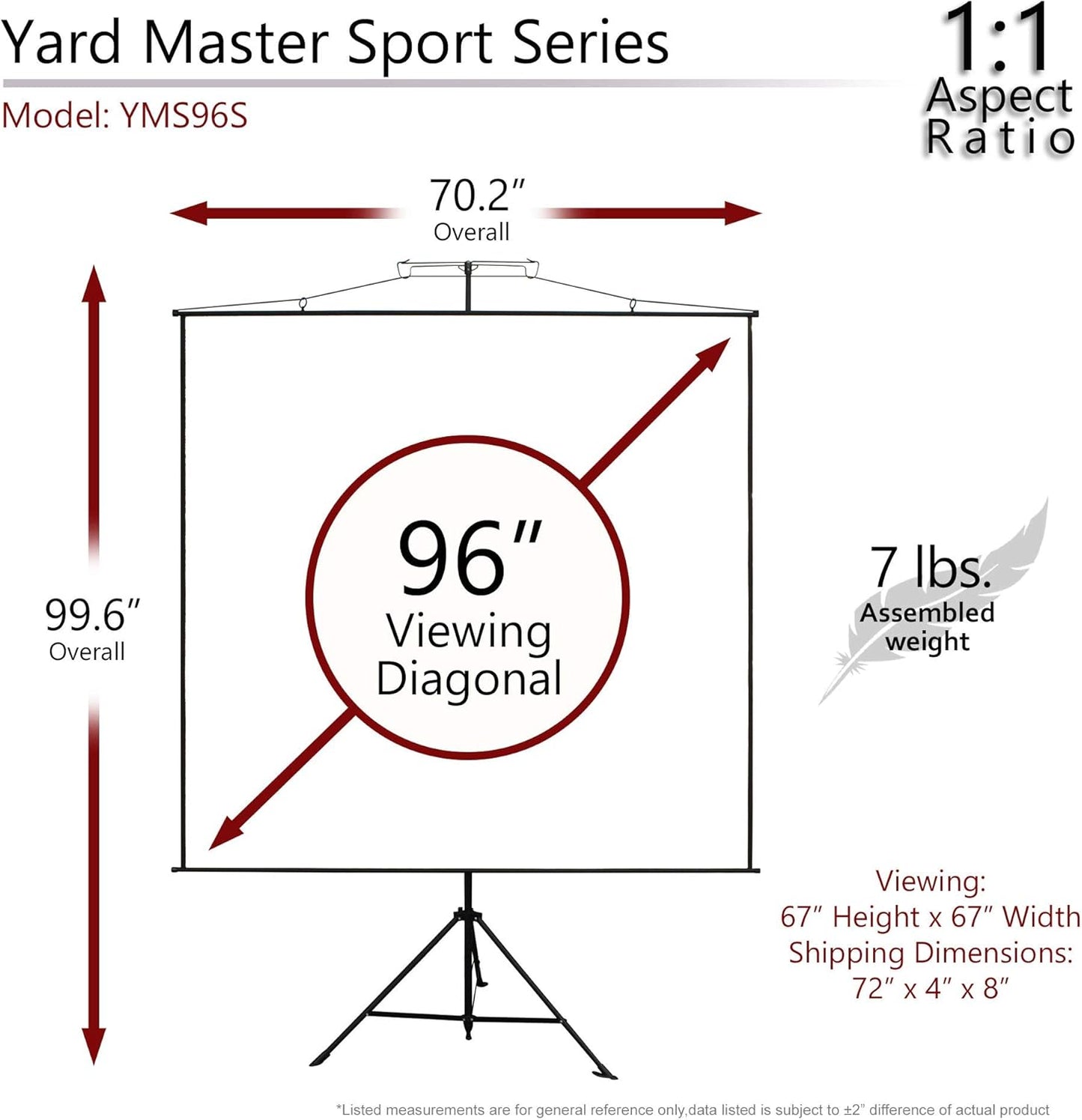 Elite Screens Yard Master Sport 96″ Portable Projector Screen, Dual Tripod/Wall Hanging 2-in-1, 1:1, MaxWhite Gain 1.1, Indoor/Outdoor with Carry Bag