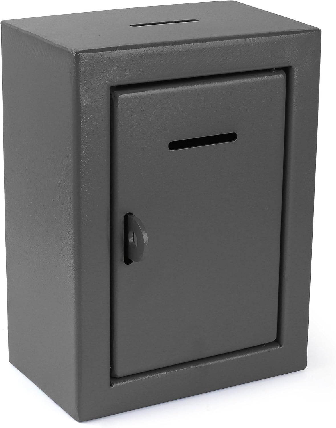 Metal Charity Donation Box - Secure Steel Collection Box with Front Slot, Easy Wall Mount, 8.5x6.5x4" Gray