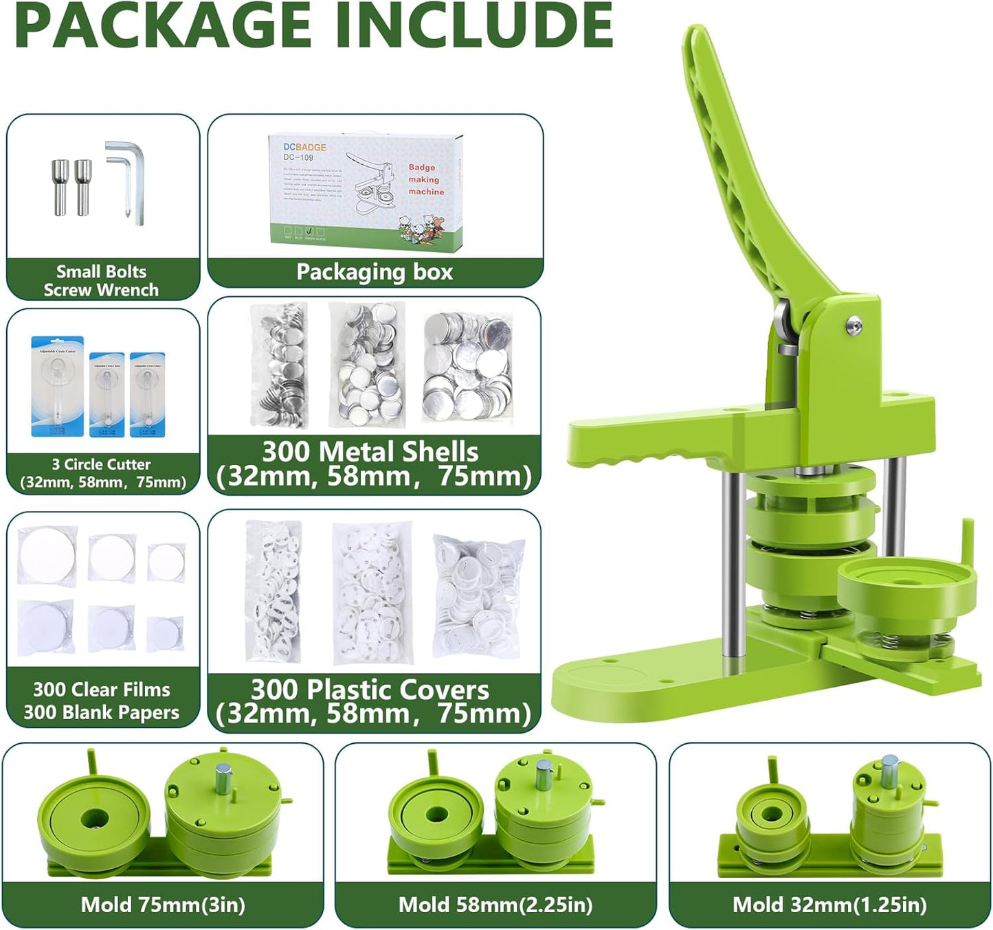 Button Maker Machine Multiple Sizes, DIY Pin Maker Button Press Machine 1.25+2.25+3 Inch, Removable Badge Press Kit with 300 Pcs 32mm+58mm+75mm Badge Supplies&Circle Cutter