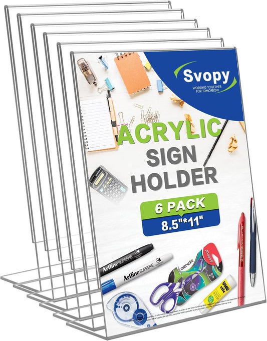 6 Pack Acrylic Sign Stand Holders, 8.5 x 11 Clear Plastic L Shape Table Paper Display Stand, Suit for Displaying Posters, Picture, Flyers, Menu