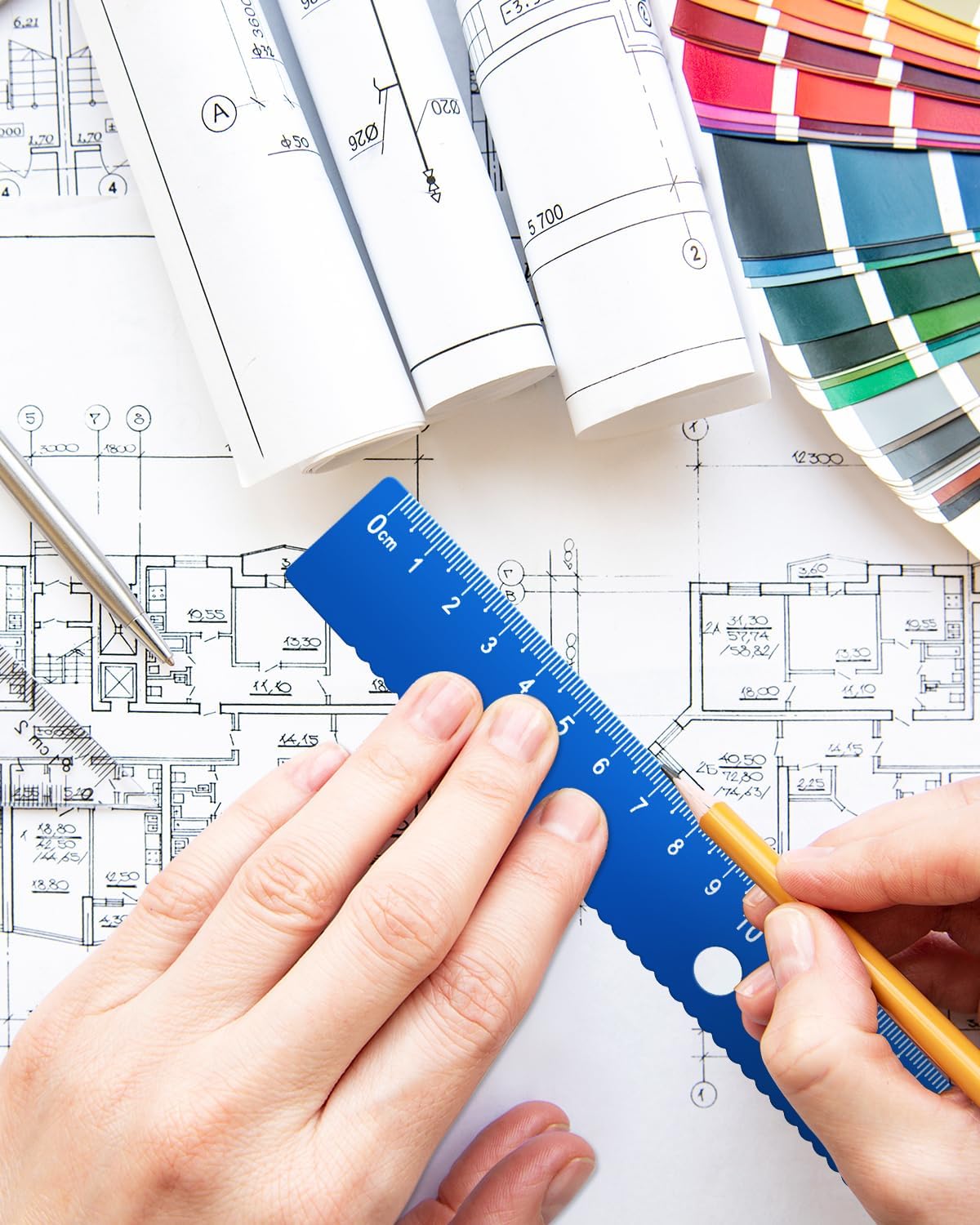 Honagu Triangular Ruler Set, 4+1Pieces Aluminum Alloy Ruler, Metal Drafting Ruler, Geometric Protractor for Students, School Office Supplies (Sky blue, 20cm)