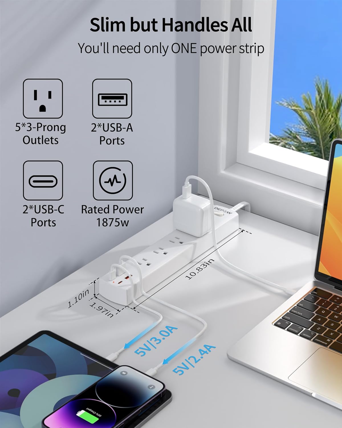 Power Strip Surge Protector with 5 AC Outlets(1875W/15A) 4 USB Ports (2 USB C), 5 Ft Ultra Thin Extension Cord, Low Profile Flat Plug, 1700 Joules, Wall Mount for Home Office, White