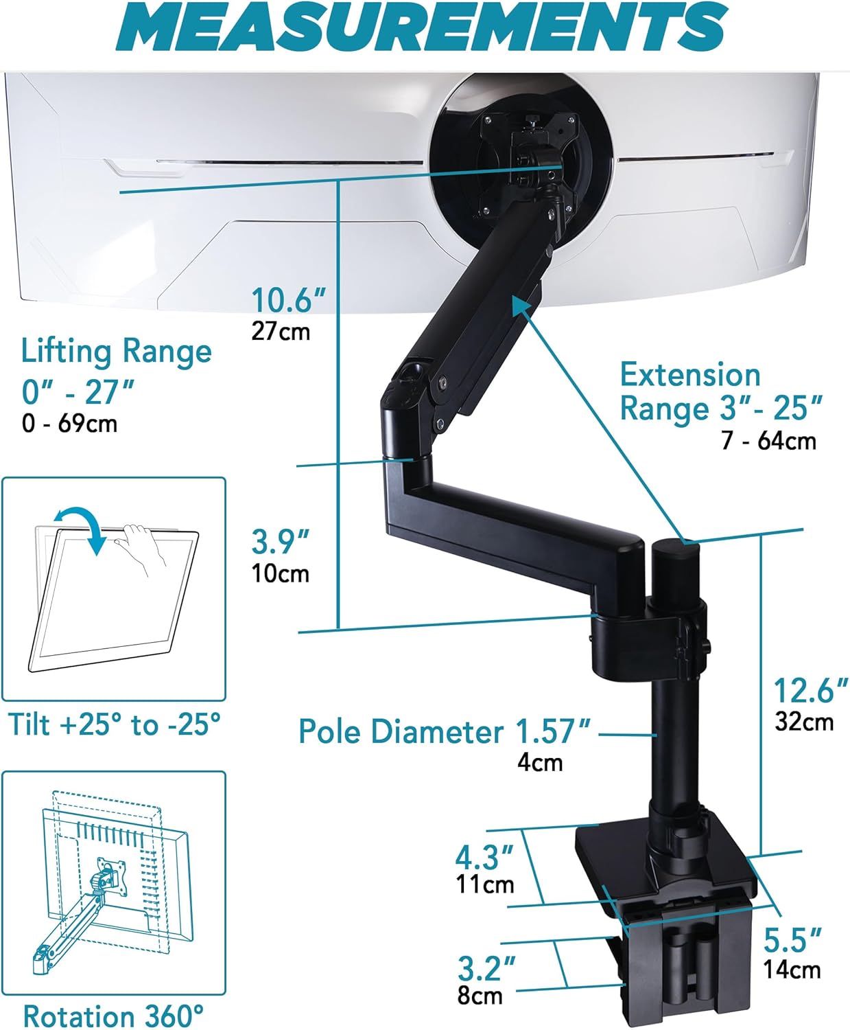 Heavy Duty Monitor Arm for Ultrawide Monitors up to 57" and 44 lbs, Single Desk Stand, Pneumatic Height Adjustable, Modular Extension Arms - Max VESA 100x100, Black, MA20P-S