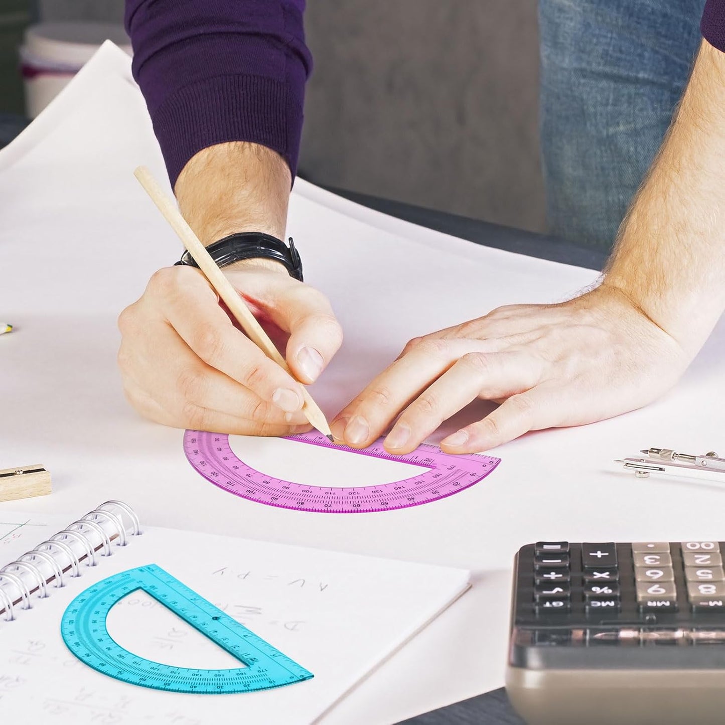 Zonon 2 Pcs 6 Inch Plastic Protractor Math Protractors 180 Degrees Angle Measurement, Translucent for Geometry Classroom Kid Student School Office Supplies(Pink, Blue)