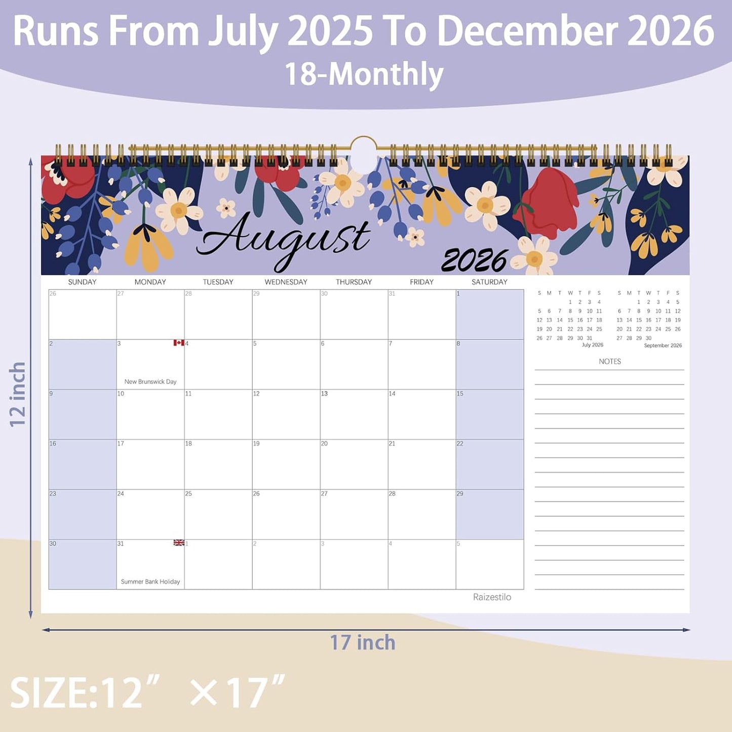 Calendar 2025-2026, Monthly Desk Calendar from July 2025 to December 2026, 17" x 12", Large Desktop Calendar Monthly, Perfect for Home or Office, Floral (Wall(17" x 12"))
