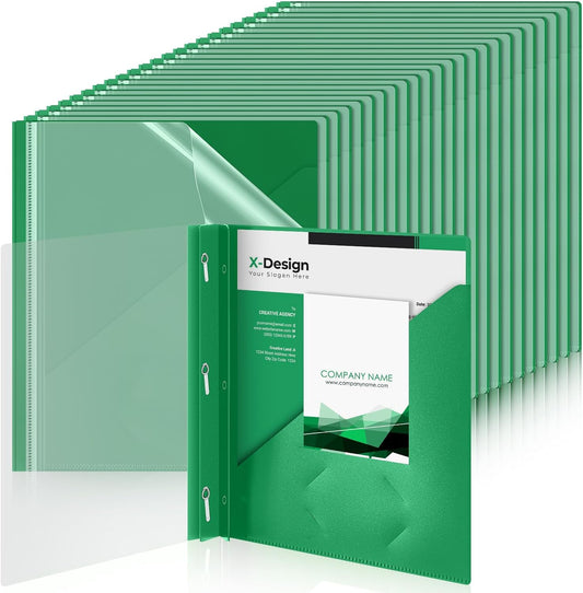 Teling 48 Pcs Clear Front Report Covers with 3 Prongs Fasteners, 11.42 x 9.45 Inch Plastic Book File Covers 90 Sheet Capacity, Presentation Folder with Green Back Cover for Office Business