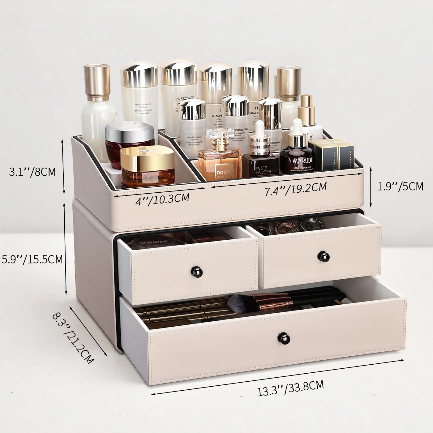 KINGFOM Leather Makeup Organizer with 3 Drawers, 2 Tier Cosmetic Storage Organizer for vanity Dresser Countertop and Bathroom Vanity, Beauty Holder for Lipstick Brush Skincare (Beige)