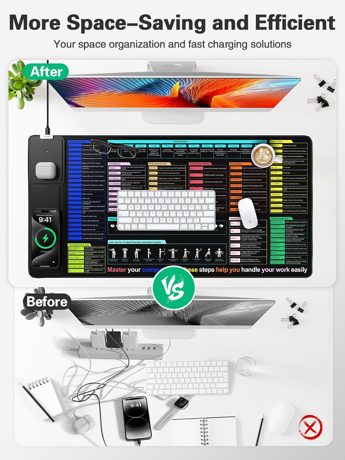Mouse Pad for Excel/Word/PowerPoint/Windows Shortcut Keys, Desk Pad with Wireless Charger Phone Stand, XXL Large Excel Cheat Sheet Mousepad | PC Office Spreadsheet Desk Mat | Non-Slip Stitched Edge