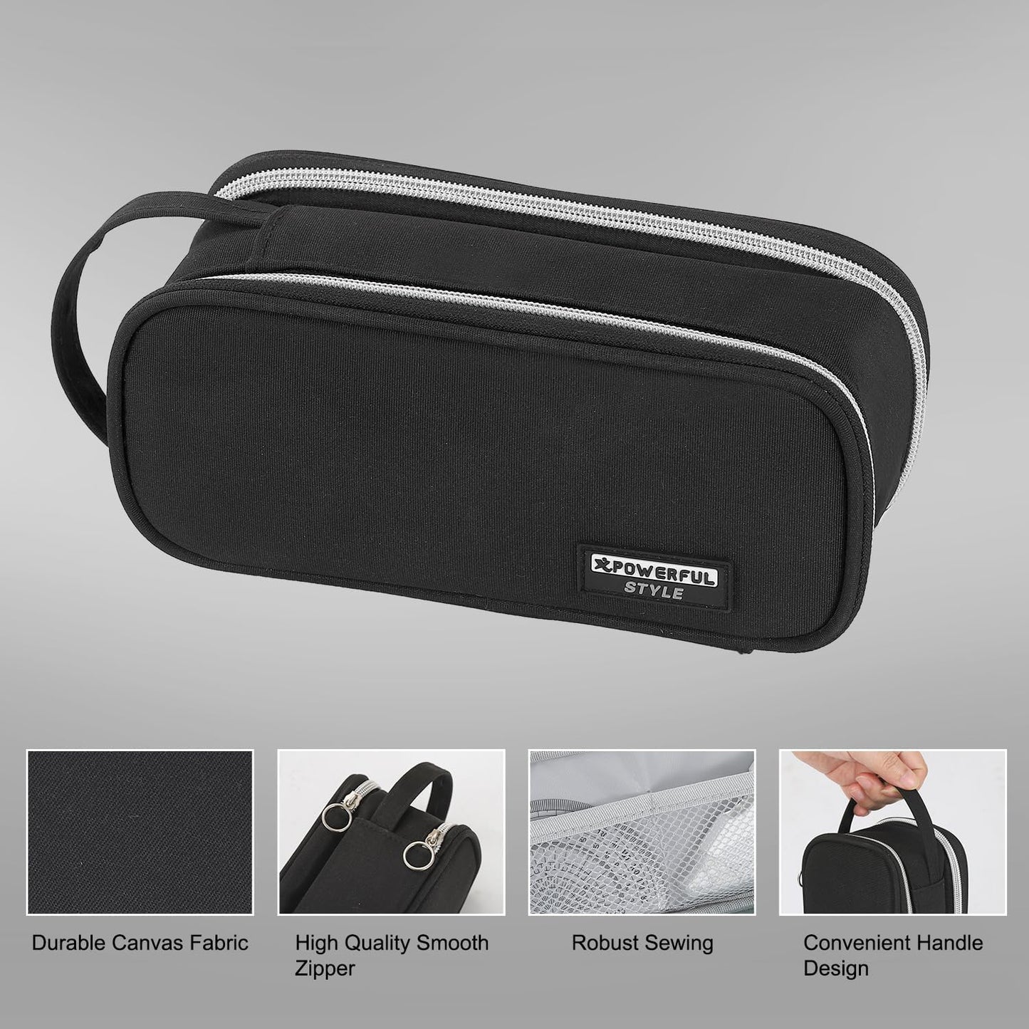 Pencil Case Large Zipper Pencil Pouch for Girls Kids Teens Adults Aesthetic Pencil Bag Stationery Organizer Pencil Case with Handle for School Black