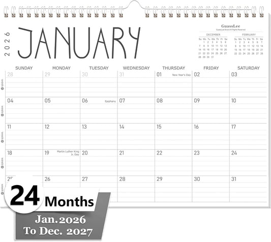 GuassLee Wall Calendar 2026, 24-Month Desk/Wall Calendar from Jan. 2026 to Dec. 2027,17" X 12" Desktop Hanging Monthly Planner with Thick Paper Spiral Bound for Easy Organizing