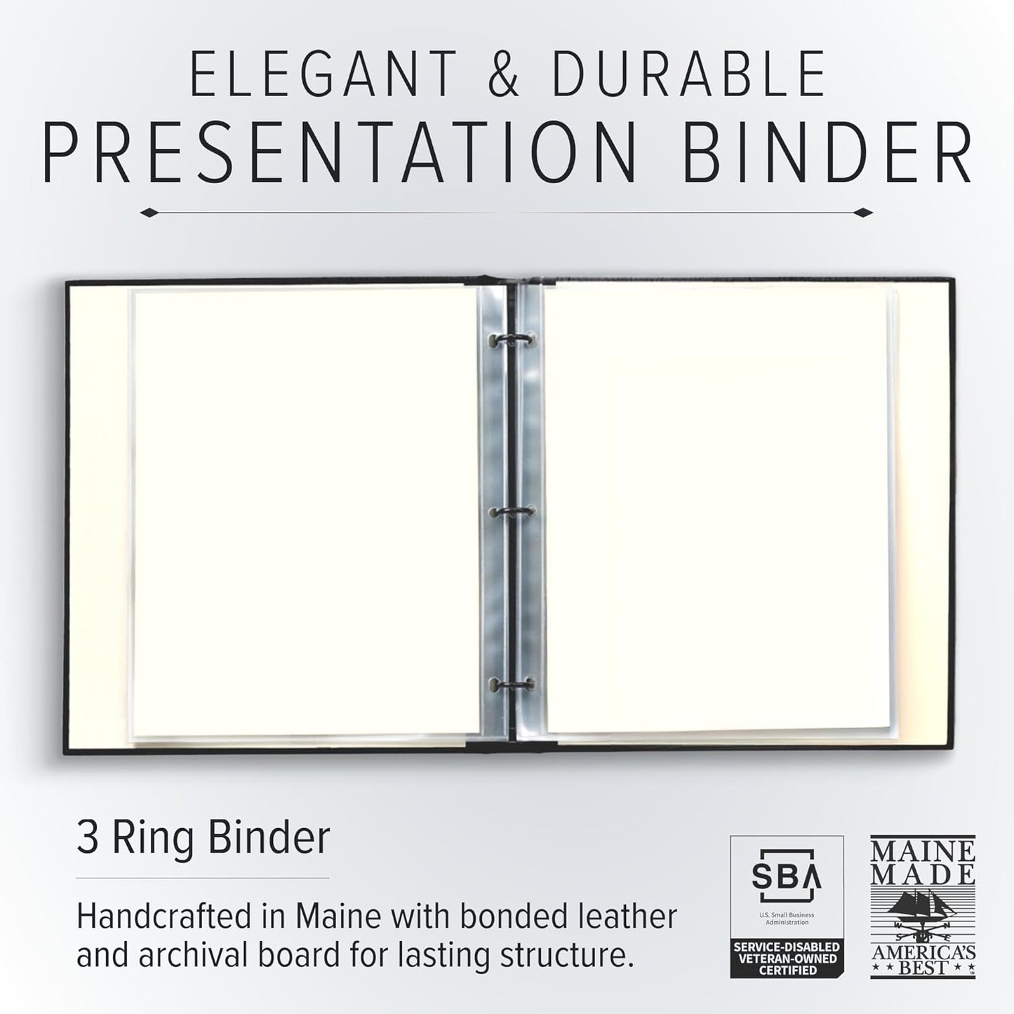 Gallery Leather 3 Ring Binder with Plastic Sleeves, Includes 10 Sheets, Sheet Size: 8.5" x 11" - Presentation Binder Rings with Hubbed Spine, Thick: 1.25" Freeport Mocha