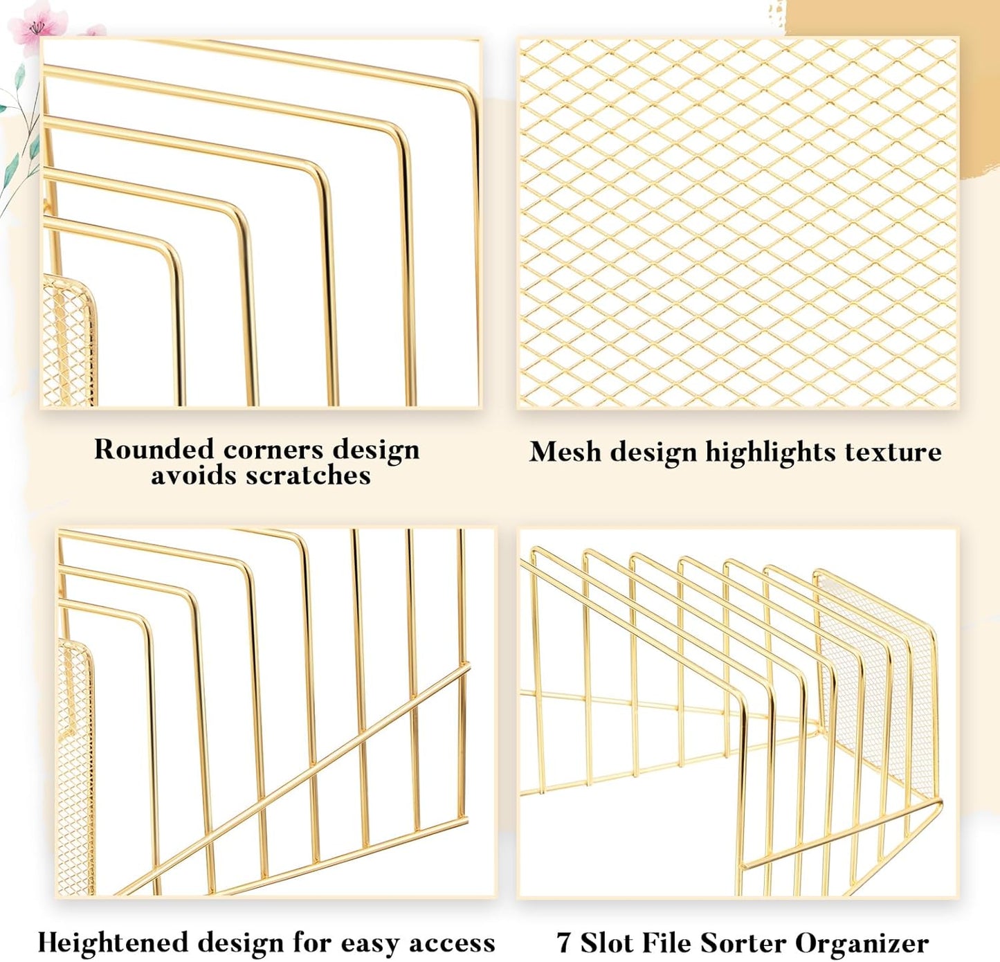 2 Pcs 7 Slot Incline File Sorter Metal Wire Mesh File Racks for Desktop Letter Sorter for Magazine Folder Book Organizer Home Office School Paper Mail Desk Storage Holder(Golden)