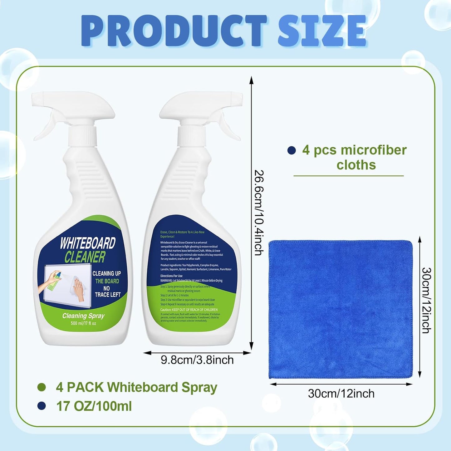 8 Pcs Whiteboard Cleaner Set 4 17 fl oz Dry Erase Board Liquid Cleaner with 4 Cloths White Board Cleaning Spray for Classroom Chalkboard Home Office