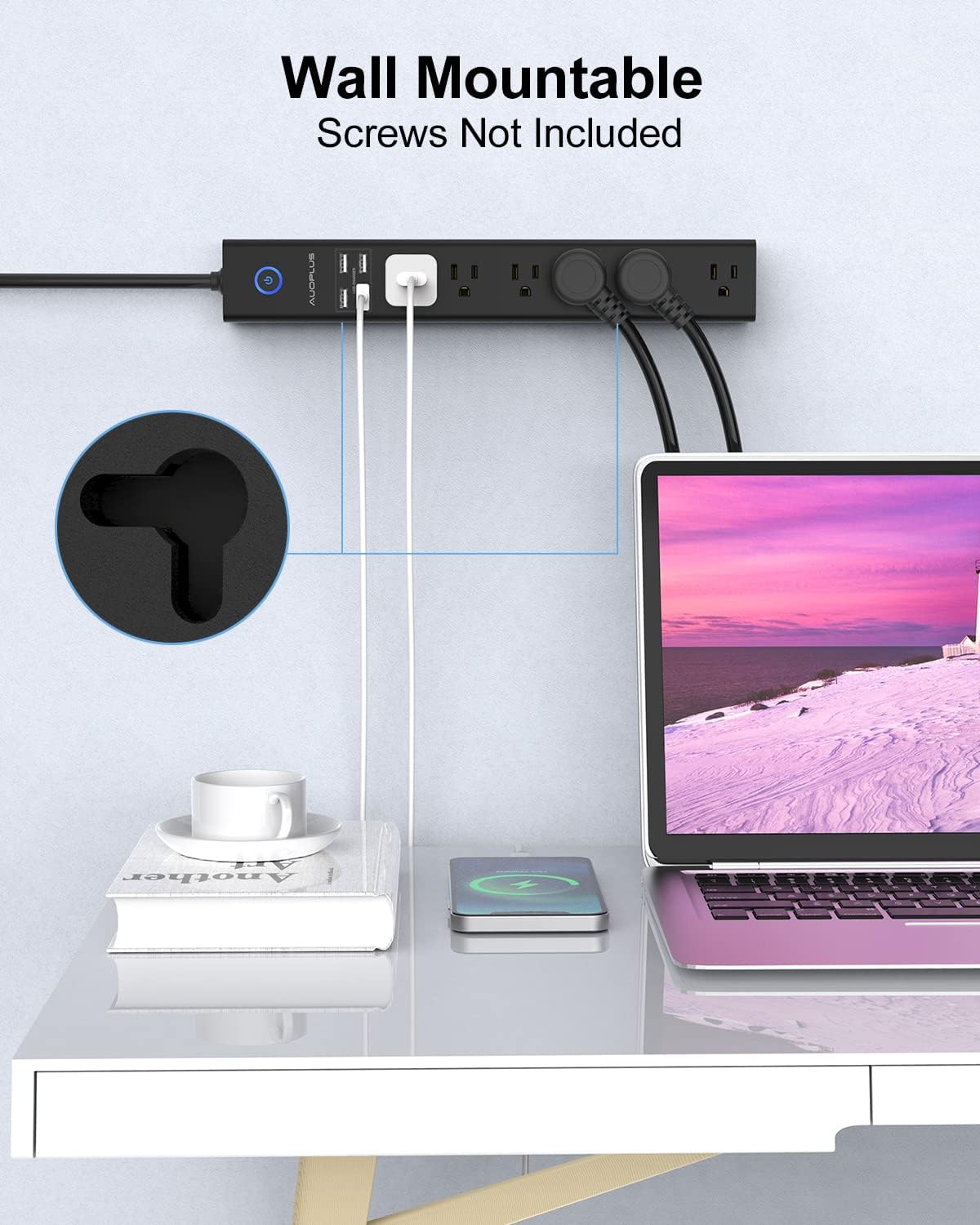 Surge Protector Power Strip with USB, AUOPLUS 10FT Outlet Strip, 6 Outlet and 4 USB Charger,[Flat Plug/Wall Mountable], 1250W/10A/2100J, Long Extension Cord for Computer iPhone Home Office Dorm