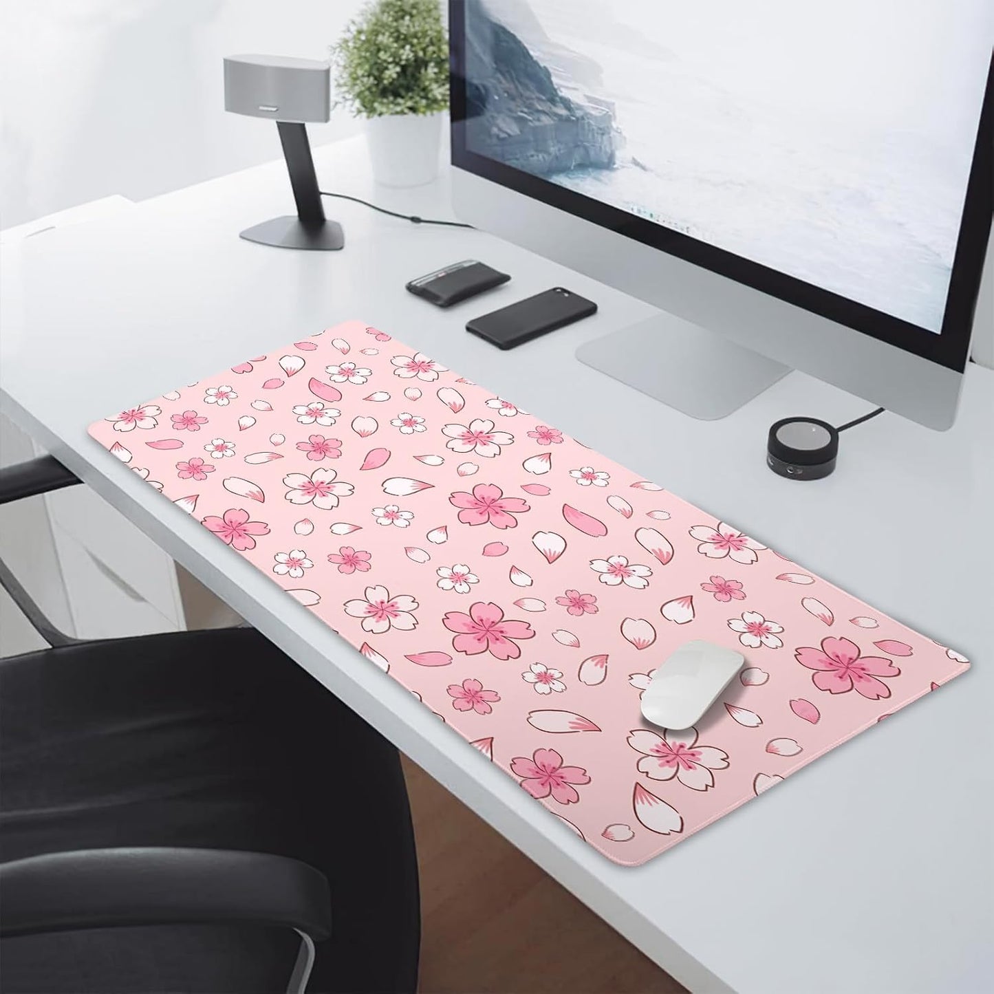Pink Cherry Blossom Gaming Mouse Pad Large XL Cute Anime Aesthetics Floral Extended Kawaii Flowers Large Mousepad Non-Slip Rubber Base Stitched Edge Long Keyboard Desk Mat for Computer,24x14 Inch