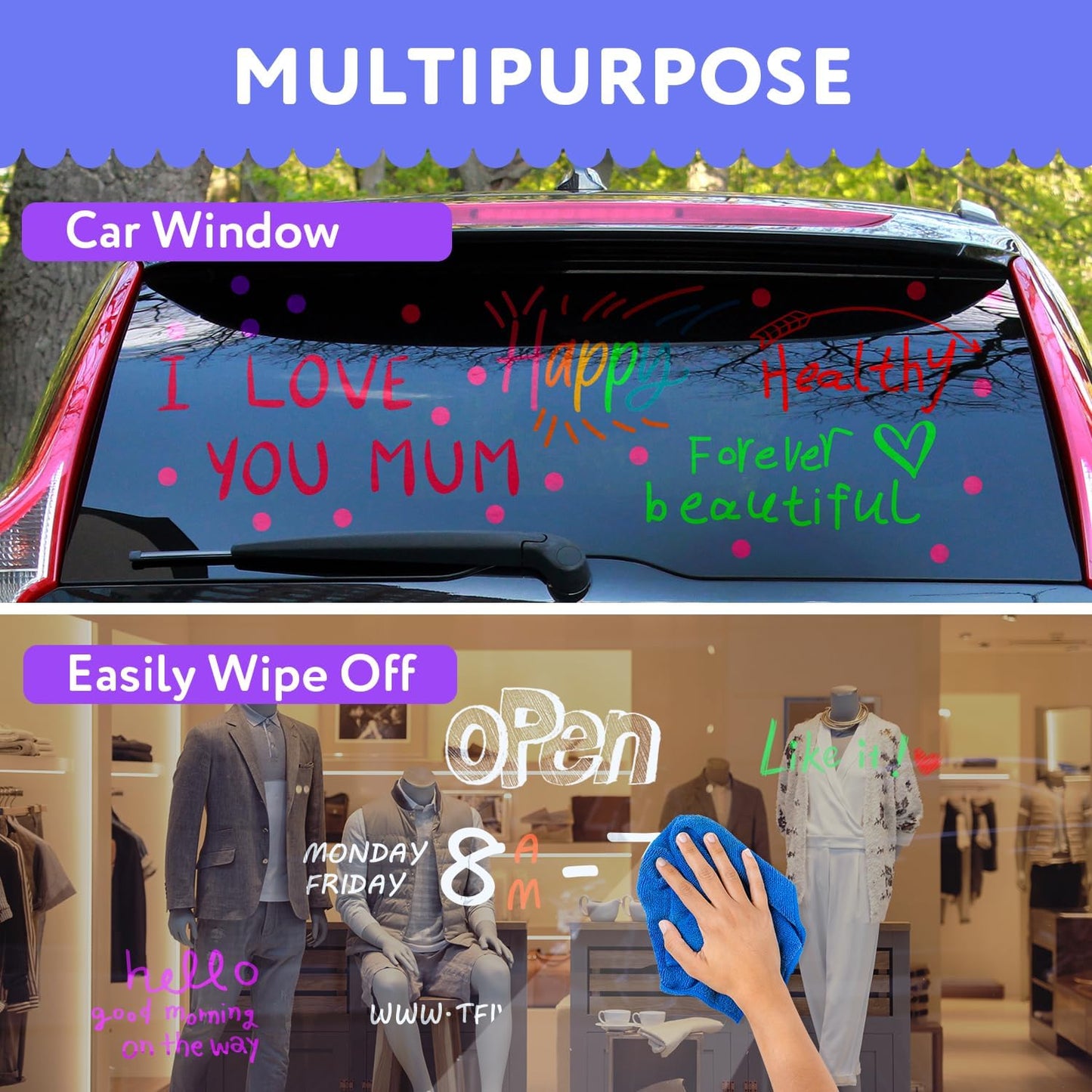 TFIVE Blue Liquid Chalk Markers - 2 Pack Bright Colors Erasable Chalk Marker Pens, Reversible Tip, Non-Toxic, for Chalkboards, Signs, Glass, Easy to use Chalk markers TF800