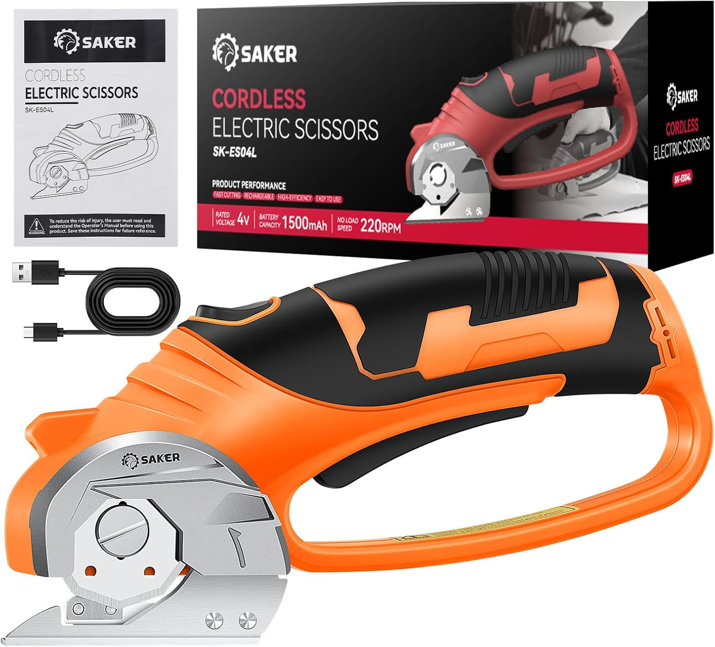 Saker Electric Box Cardboard Cutter,Cordless Elwetric Scissors for Fabric Leather Paper Plastic - Card Board Cutter Tool with 4V Recharged Battery - Safety Lock and LED Light for Cutting,Orange