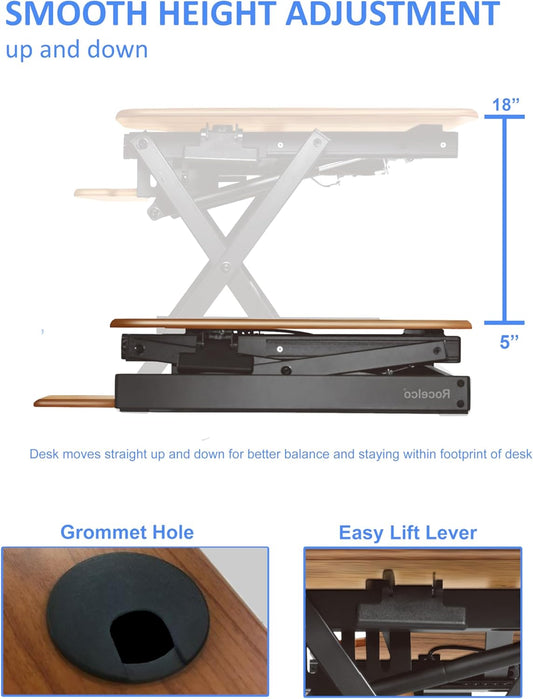 Rocelco 46" Height Adjustable Corner Standing Desk Converter with Dual Monitor Arm Mount Bundle - Sit Stand Up Tabletop Computer Workstation Riser - Extra Large Keyboard Tray - Teak (R CADRT-46-MA2)