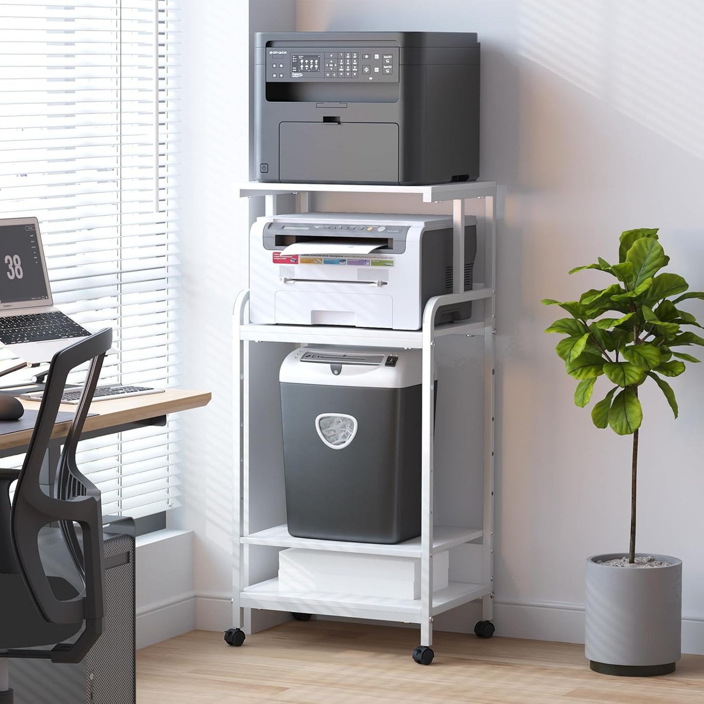 4 Tier Printer Stand with Storage Shelf, Large Tall Printer Cart with Wheels, Mobile Printer Table for Home Office, Adjustable Stands for Printer Heat Press Scanner Fax (White)