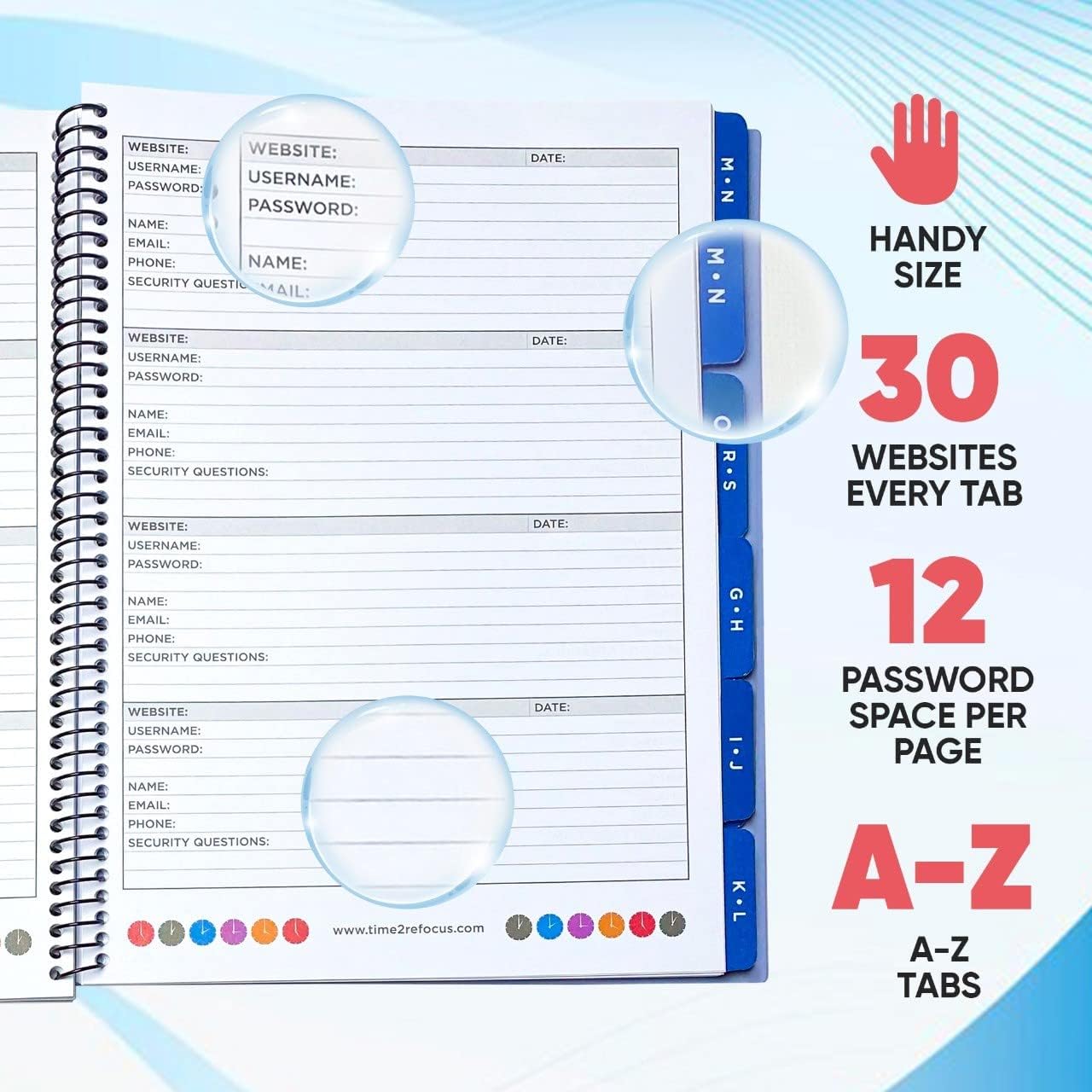 RE-FOCUS Password Book with Alphabetical Tabs 10"x7.5" Spiral Bound Credentials keeper Saves All Internet Login Details (Pink)