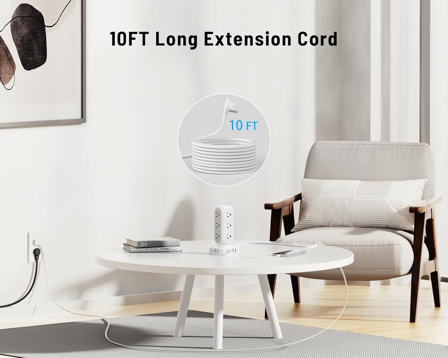 Flat Plug Power Strip Tower 10FT, 40W Total Fast Charging Station, Dual PD 20W USB-C Surge Protector with 12 AC Outlets and 8 USB Ports (4 USB C), Long Extension Cord for Home Office Dorm Room