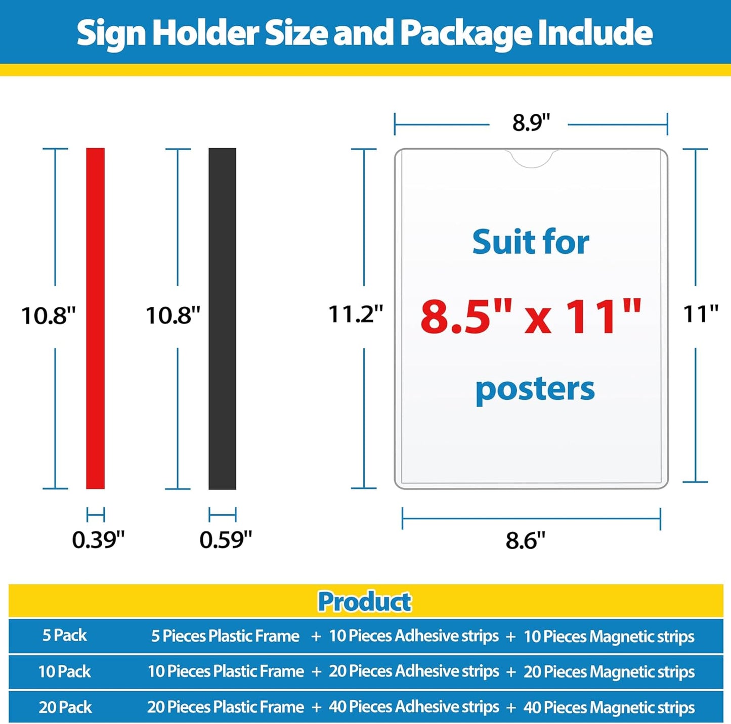 Magnetic Sign Holder 8.5 x 11 Wall Sign Holder 5Pack, Rigid Plastic Door Sign Holder Magnetic Frame with Magnetic Tapes and Adhesive Tapes, Adhesive Display Frame for Fridge Window Wall Display